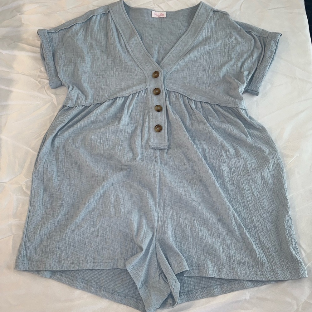 Pink Lily Light Blue Romper with Button Accents